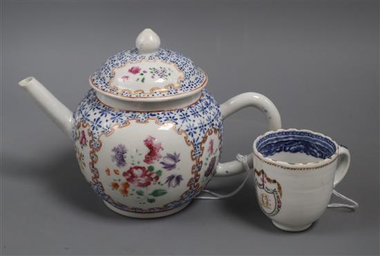 An 18th century Chinese export famille rose teapot and cover and a similar coffee cup Teapot 14cm high
